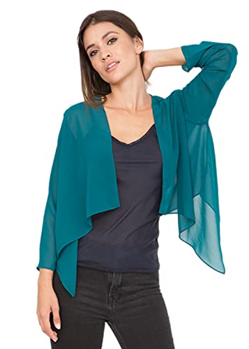 likemary Damen Bolero Schulterjäckchen aus Chiffon - Durchscheinend - ¾ Kurzarm - Vielseitig kombinierbare Jacke - Passt zu Abendkleid, Alltagskleidung als hauchdünne Jacke Grünblau 38 (UK 12) von likemary