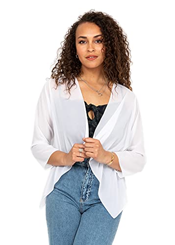 likemary Damen Bolero Schulterjäckchen aus Chiffon - Durchscheinend - ¾ Kurzarm - Vielseitig kombinierbare Jacke - Passt zu Abendkleid, Alltagskleidung als hauchdünne jacke Weiß 36 (UK 10) von likemary