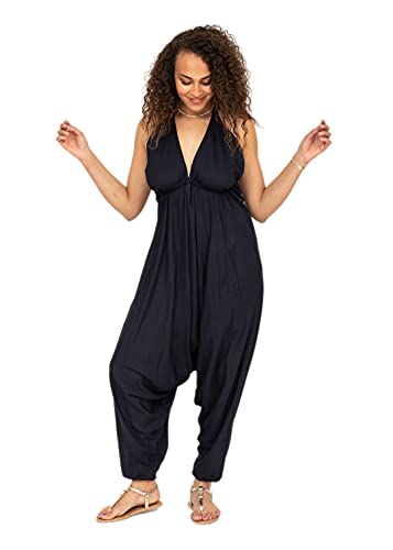 likemary Jumpsuit für Damen - Einteiler mit Nackenband - gemütlich, trotzdem schick und sexy - Onesie mit Taschen - Einheitsgröße, passt fast jeder - Ärmelloser Sommer Hosenanzug Blau Marineblau von likemary