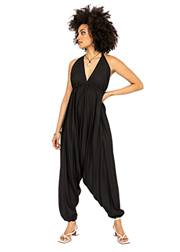 likemary Jumpsuit für Damen - Einteiler mit Nackenband - gemütlich, trotzdem schick und sexy - Onesie mit Taschen - Einheitsgröße, passt fast jeder - Ärmelloser Sommer Hosenanzug Schwarz von likemary