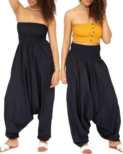 likemary Jumpsuit Damen Sommer – 2-in-1 Baumwoll Jumpsuit wird zur Haremshose – Lang geschnitten mit Taschen – Boho Pumphose Overall Einteiler für Urlaub & Alltag - Mitternachtsblau von likemary
