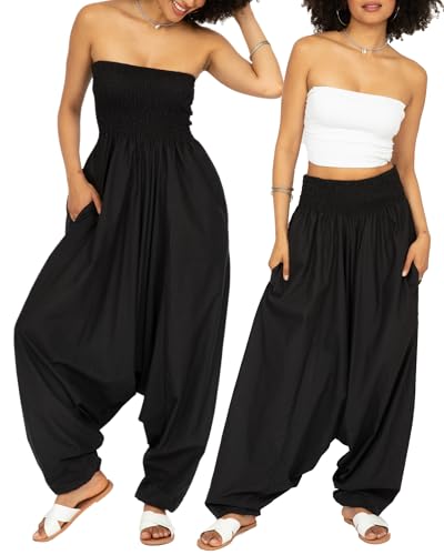 likemary Jumpsuit Damen Sommer – 2-in-1 Baumwoll Jumpsuit wird zur Haremshose – Lang geschnitten mit Taschen – Boho Pumphose Overall Einteiler für Urlaub & Alltag - Schwarz von likemary
