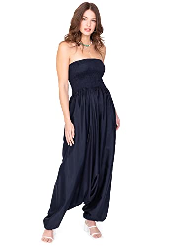 Jumpsuit Damen Sommer – vielseitiger 2-in-1 Einteiler - Overall lässt sich in Haremshose umwandeln – fließendes Bein, Taschen und elastische Bündchen an Taille + Knöchel – Einheitsgröße Blau Nachtblau von likemary