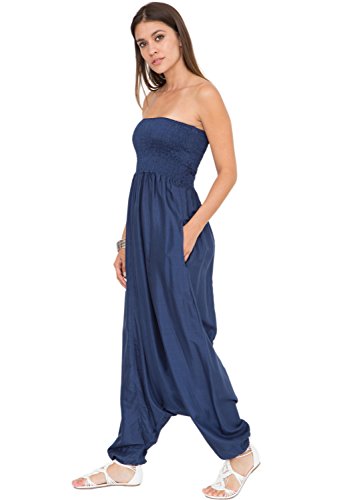 Jumpsuit Damen Sommer – vielseitiger 2-in-1 Einteiler - Overall lässt sich in Haremshose umwandeln – fließendes Bein, Taschen und elastische Bündchen an Taille + Knöchel – Einheitsgröße Kobalt Blau von likemary