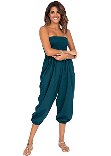 likemary Jumpsuit Damen Sommer – 2-in-1 Haremshose & Capri Overall – Baumwolle Einheitsgröße – Boho Pumphose mit Taschen – Aladinhose für Damen - Grünblau von likemary