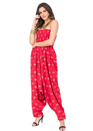 likemary Jumpsuit Damen Sommer – vielseitig tragbarer Einteiler aus Baumwolle – Haremshose mit fließendem Bein, elastischen Bündchen an Taille und Knöchel und Taschen - Rot Jaipur von likemary