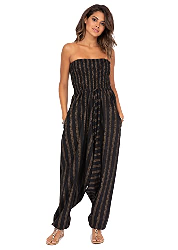 likemary Jumpsuit Damen Sommer – vielseitig tragbarer Einteiler aus Baumwolle – Haremshose mit fließendem Bein, elastischen Bündchen an Taille und Knöchel und Taschen – Schwarz Gold von likemary