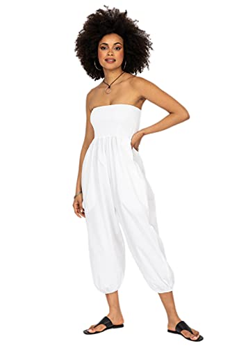likemary Jumpsuit Damen Sommer – 2-in-1 Haremshose & Capri Overall – Baumwolle Einheitsgröße – Boho Pumphose mit Taschen – Aladinhose für Damen - Weiß von likemary