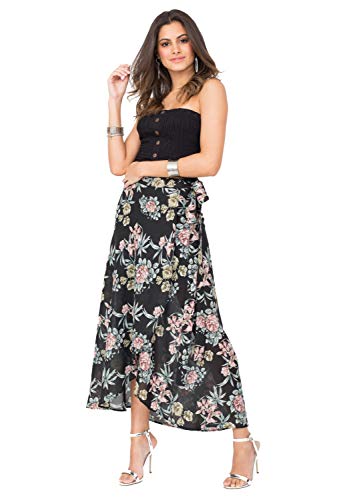 likemary Damen Maxi-Wickelrock - Langer Maxirock mit Blumenmuster - Leger & bequem - Hoher Verstellbarer Taillen-Bund - Ideales Kleid für Winter & Sommer, Strand, Urlaub & Party - Floral Schwarz XL von likemary