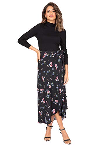 likemary Damen Maxi-Wickelrock - Langer Maxirock mit Blumenmuster - Leger & bequem - Hoher Verstellbarer Taillen-Bund - Ideales Kleid für Winter & Sommer, Urlaub & Party - Vielseitig kombinierbar XL von likemary