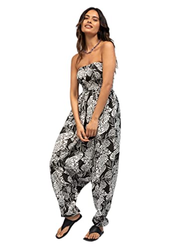 likemary Jumpsuit Damen Sommer – vielseitiger Einteiler aus Baumwolle – wird durch Herunterziehen zur Haremshose – mit Taschen und elastischen Bündchen an Taille und Knöchel – Einheitsgröße Schwarz von likemary