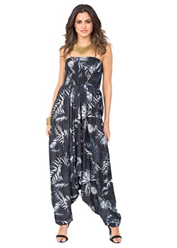 likemary Jumpsuit Damen Sommer – vielseitiger Einteiler aus Baumwolle – wird durch Herunterziehen zur Haremshose – mit Taschen und elastischen Bündchen an Taille und Knöchel – Schwarz Blätter Druck von likemary