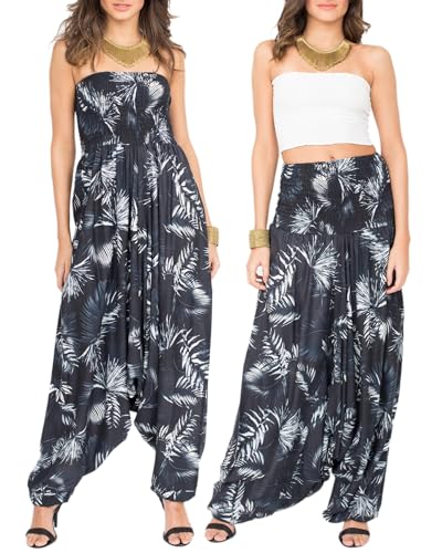 likemary Jumpsuit Damen Sommer – Bedruckter Baumwoll Overall mit Taschen – 2-in-1 Trägerloser Einteiler wird zur Haremshose – Luftiger Boho Look für Alltag & Urlaub - Blätter Druck von likemary