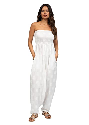 likemary Jumpsuit Damen Sommer – vielseitiger Einteiler aus Baumwolle – wird durch Herunterziehen zur Haremshose – mit Taschen und elastischen Bündchen an Taille und Knöchel – weiß mit Lotus-Motiv von likemary