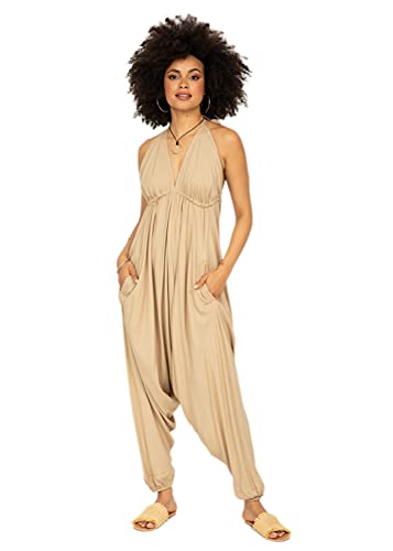 likemary Jumpsuit für Damen - Einteiler mit Nackenband - gemütlich, trotzdem schick und sexy - Onesie mit Taschen - Einheitsgröße, passt fast jeder - Ärmelloser Sommer Hosenanzug Beige von likemary