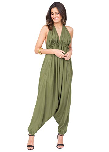 likemary Jumpsuit für Damen - Einteiler mit Nackenband - gemütlich, trotzdem schick und sexy - Onesie mit Taschen - Einheitsgröße, passt fast jeder - Ärmelloser Sommer Hosenanzug Grün Olivegrün von likemary