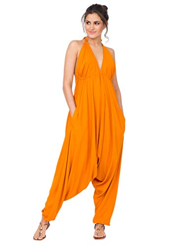 likemary Jumpsuit für Damen - Einteiler mit Nackenband - gemütlich, trotzdem schick und sexy - Onesie mit Taschen - Einheitsgröße, passt fast jeder - Ärmelloser Sommer Hosenanzug Orange von likemary