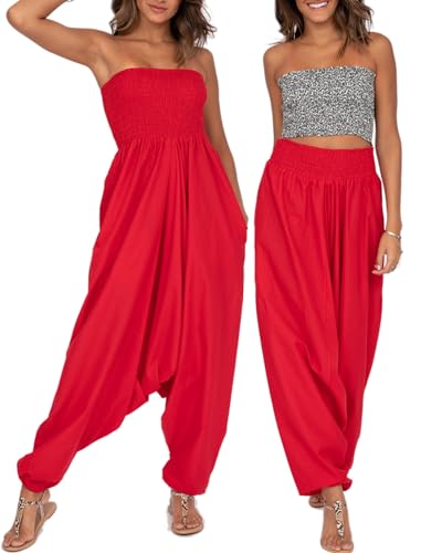 likemary Jumpsuit Damen Sommer – 2-in-1 Baumwoll Jumpsuit wird zur Haremshose – Lang geschnitten mit Taschen – Boho Pumphose Overall Einteiler für Urlaub & Alltag - Rot von likemary