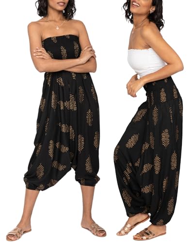 likemary Haremshose Damen Sommer – 2-in-1 Pluderhose mit Taschen Wird zum Bandeau Jumpsuit – Elastische Taille für Urlaub & Freizeit - Pluderhose - Schwarz Gold von likemary