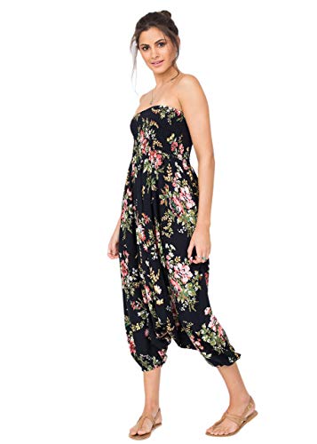 likemary extraweite Haremshose Damen, Einteiler aus Baumwolle - 2-in-1 Jumpsuit – Pumphose, optional als Overall zu tragen - luftiger Jumpsuit als leichtes - Pluderhose Schwarz Blumenstrauß XL-XXL von likemary