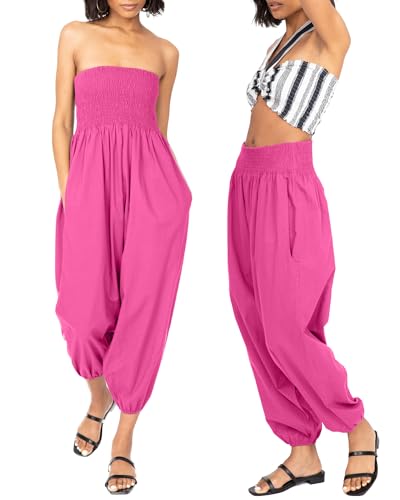 likemary Jumpsuit Damen Sommer – 2-in-1 Haremshose & Capri Overall – Baumwolle Einheitsgröße – Boho Pumphose mit Taschen – Aladinhose für Damen - Rosa von likemary