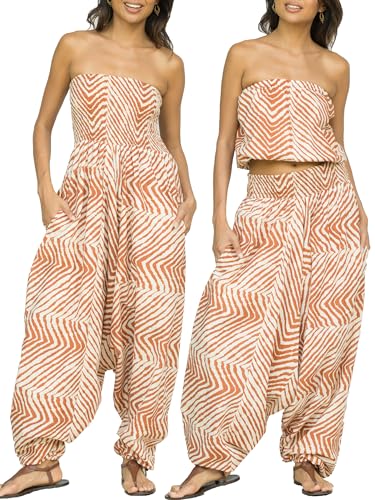 likemary Jumpsuit Damen Sommer – Bedruckter Baumwoll Overall mit Taschen – 2-in-1 Trägerloser Einteiler wird zur Haremshose – Luftiger Boho Look für Alltag & Urlaub - Orange Zebra von likemary