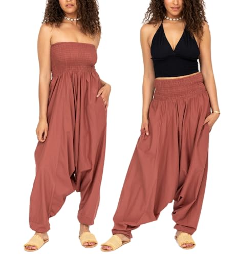 likemary Jumpsuit Damen Sommer – 2-in-1 Baumwoll Jumpsuit wird zur Haremshose – Lang geschnitten mit Taschen – Boho Pumphose Overall Einteiler für Urlaub & Alltag - Altrosa von likemary