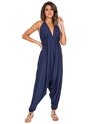 likemary Jumpsuit für Damen - Einteiler mit Nackenband - gemütlich, trotzdem schick und sexy - Onesie mit Taschen - Einheitsgröße, passt fast jeder - Ärmelloser Sommer Hosenanzug Blau Scheiben von likemary