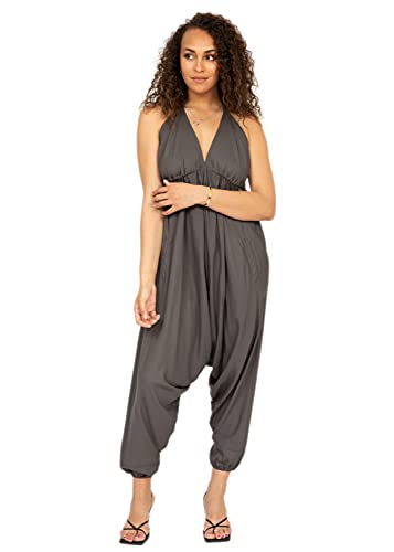 likemary Jumpsuit für Damen - Einteiler mit Nackenband - gemütlich, trotzdem schick und sexy - Onesie mit Taschen - Einheitsgröße, passt fast jeder - Ärmelloser Sommer Hosenanzug Grau von likemary