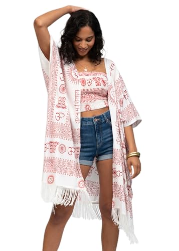 likemary Strandtunika Damen - Coverup Strandkleid fur Sommer - Sommerkleid & Tunika Kaftan - Strandmode Damen im Boho Kimono Style - Om Weiß von likemary