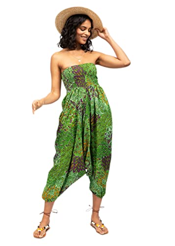 likemary extraweite Haremshose Damen, Einteiler aus Baumwolle - 2-in-1 Jumpsuit – Pumphose, optional als Overall zu tragen - luftiger Jumpsuit als leichtes Sommer-Outfit - Grün S-XL von likemary