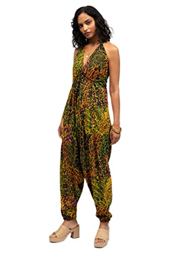 likemary Jumpsuit für Damen - Einteiler mit Nackenband - gemütlich, trotzdem schick und sexy - Onesie mit Taschen - Einheitsgröße, passt fast jeder - Ärmelloser Sommer Hosenanzug- Marineblau Gelb von likemary