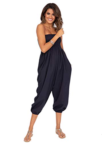 likemary Jumpsuit Damen Sommer – flexibler, bequemer Einteiler aus Baumwolle – knielang, wird durch Herunterziehen auf Taillenhöhe zur Haremshose – mit Taschen Marineblau Lang von likemary