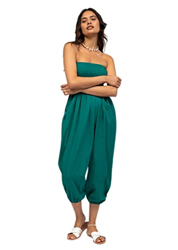 likemary Jumpsuit Damen Sommer – vielseitiger 2-in-1-Einteiler aus Baumwolle – Overall wird durch Runterziehen zur Haremshose - mit 3/4 Bein - Smaragdgrün Lang von likemary