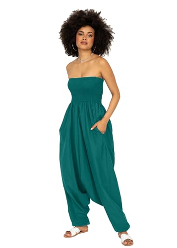 Jumpsuit Damen Sommer – vielseitiger 2-in-1-Einteiler aus Baumwolle – Overall wird durch Runterziehen zur Haremshose - mit Taschen & elastischem Bündchen an Taille und Knöchel – grün Smaragdgrün von likemary