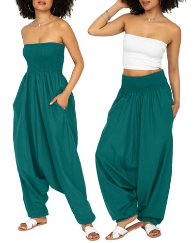 Jumpsuit Damen Sommer – vielseitiger 2-in-1-Einteiler aus Baumwolle – Overall wird durch Runterziehen zur Haremshose - mit Taschen & elastischem Bündchen an Taille und Knöchel – grün Smaragdgrün von likemary
