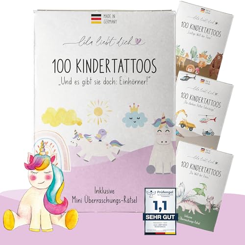 lila liebt dich® 100 angesagte Tattoo Kinder Motive mit Einhorn & Regenbogen // Kindertattoos hautfreundlich & getestet // Kinder Tattoo Mädchen Made in Germany // Einhorn Tattoos Mädchen Set von lila liebt dich