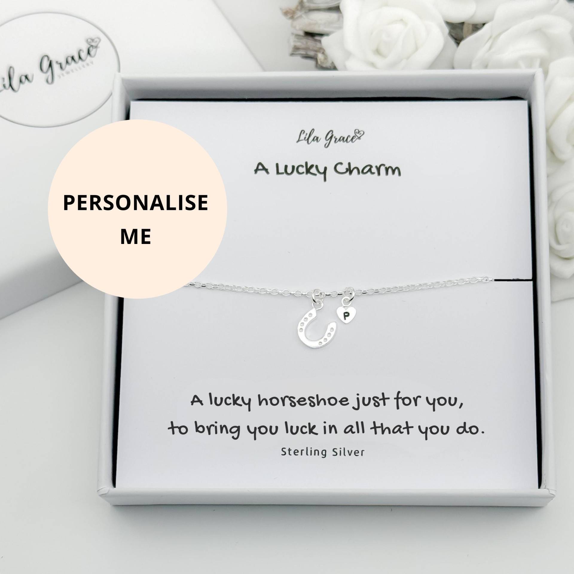 Personalisiertes Sterling Silber Hufeisen Armband Herz Anfangsbuchstabe Glücksbringer Geschenk von lilagracejewellery
