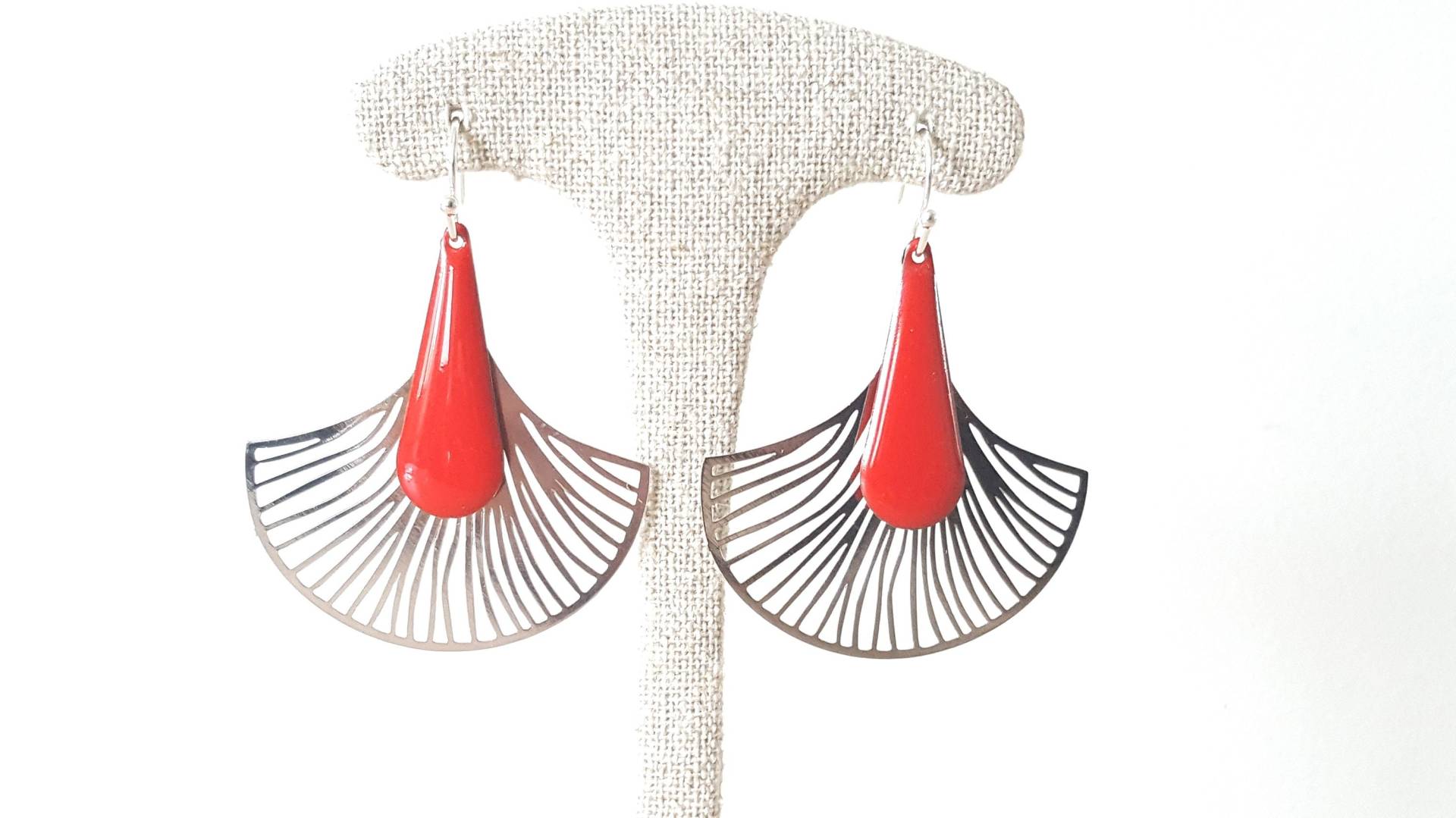 Ohrringe, Ginkgoblatt, Rot Und Silber, Art Deco Stil Ohrringe, Ginkgoblatt, Rot Und Silber, Art Deco Stil von lilotfilles