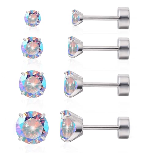 Limerencia Titan Ohrringe Set mit Schraubverschluss, 4 Paare Medizinische Ohrstecker Hypoallergen Gesundheitsstecker Ohrringe für empfindliche Ohren Mode Damen Herren Schmuck (Aurora Borealis CZ) von limerencia