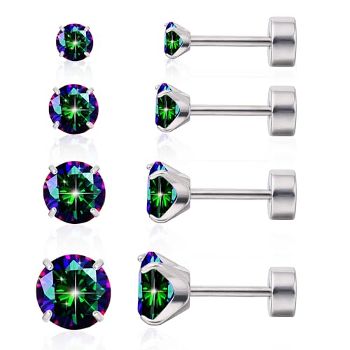 Limerencia Titan Ohrringe Set mit Schraubverschluss, 4 Paare Medizinische Ohrstecker Hypoallergen Gesundheitsstecker Ohrringe für empfindliche Ohren Mode Damen Herren Schmuck (Regenbogen Quarz CZ) von limerencia