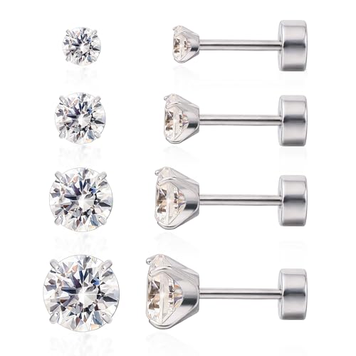 Limerencia Titan Ohrringe Set mit Schraubverschluss, 4 Paare Medizinische Ohrstecker Hypoallergen Gesundheitsstecker Ohrringe für empfindliche Ohren Mode Damen Herren Schmuck (Weiß CZ) von limerencia