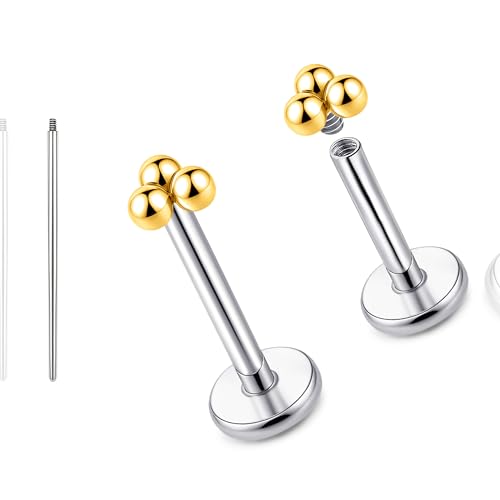 limerencia 18G Reintitan Body Piercing Schmuck, G23 Hypoallergene Flache Rückseite Innengewinde Tragus Helix Knorpel Muschel Medusa Lippen Labret Piercing Ohrstecker für Damen Herren(3 Kugel Goldene) von limerencia