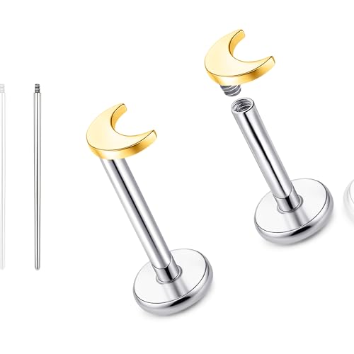 limerencia 18G Reintitan Body Piercing Schmuck, G23 Hypoallergene Flache Rückseite Innengewinde Tragus Helix Knorpel Muschel Medusa Lippen Labret Piercing Ohrstecker für Damen Herren(Mond Goldene) von limerencia