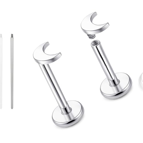 limerencia 18G Reintitan Body Piercing Schmuck, G23 Hypoallergene Flache Rückseite Innengewinde Tragus Helix Knorpel Muschel Medusa Lippen Labret Piercing Ohrstecker für Damen Herren(Mond Silber) von limerencia