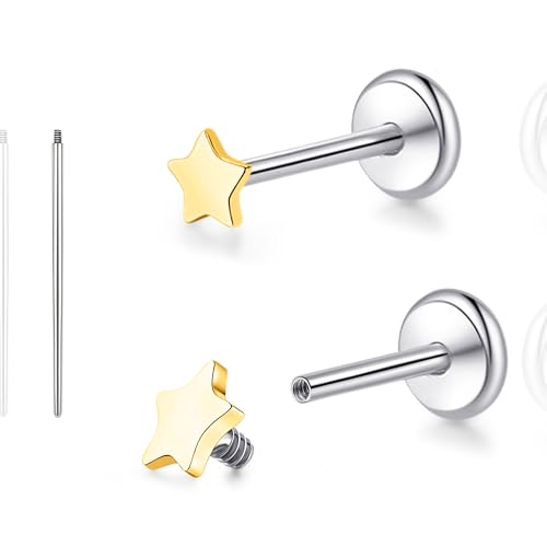 limerencia 18G Reintitan Body Piercing Schmuck, G23 Hypoallergene Flache Rückseite Innengewinde Tragus Helix Knorpel Muschel Medusa Lippen Labret Piercing Ohrstecker für Damen Herren(Stern Goldene) von limerencia