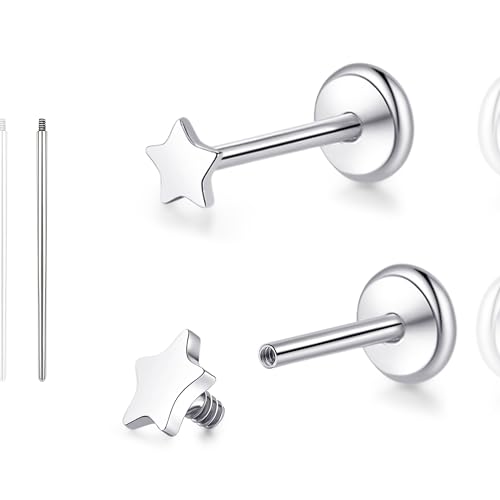 limerencia 18G Reintitan Body Piercing Schmuck, G23 Hypoallergene Flache Rückseite Innengewinde Tragus Helix Knorpel Muschel Medusa Lippen Labret Piercing Ohrstecker für Damen Herren(Stern Silber) von limerencia