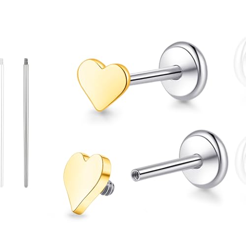 limerencia 18G Reintitan Body Piercing Schmuck, G23 Hypoallergene Flache Rückseite Innengewinde Tragus Helix Knorpel Muschel Medusa Lippen Labret Piercing Ohrstecker für Damen Herren (Herz Goldene) von limerencia