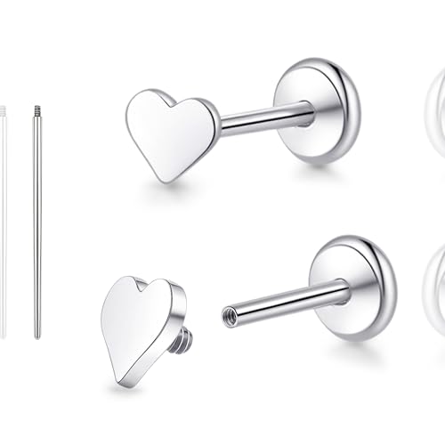 limerencia 18G Reintitan Body Piercing Schmuck, G23 Hypoallergene Flache Rückseite Innengewinde Tragus Helix Knorpel Muschel Medusa Lippen Labret Piercing Ohrstecker für Damen Herren (Herz Silber) von limerencia