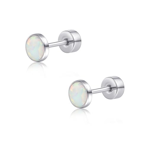 limerencia 20G Titan Ohrringe mit Flachem Rücken für Empfindliche Ohren, G23 Hypoallergenes Titan mit Simuliertem Opal, Ohrstecker mit Schraubverschluss für Knorpel Helix Tragus(Weiß,4mm) von limerencia